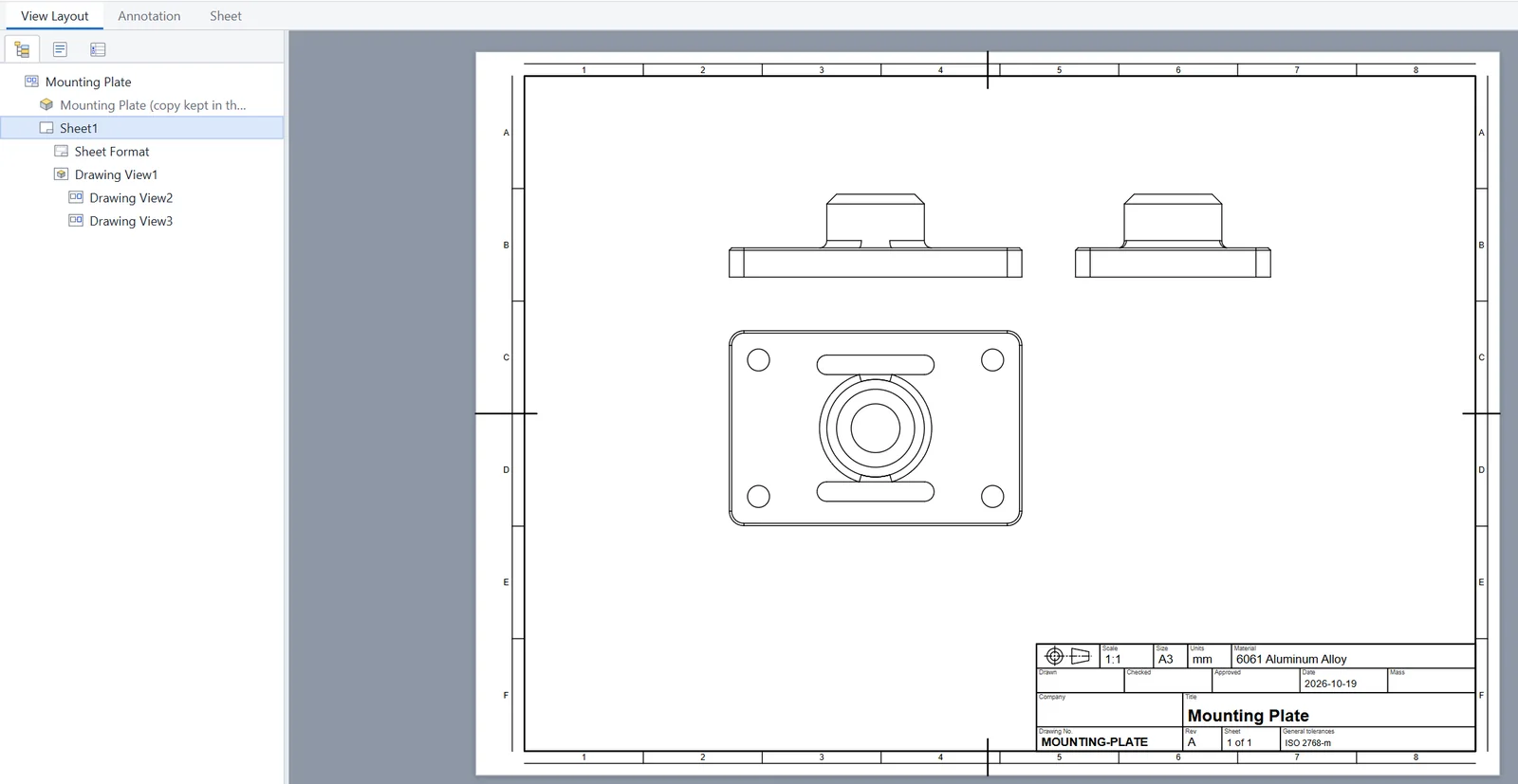An A3 drawing of the mounting plate with front, side and top views, a zoned border and a filled-in title block.