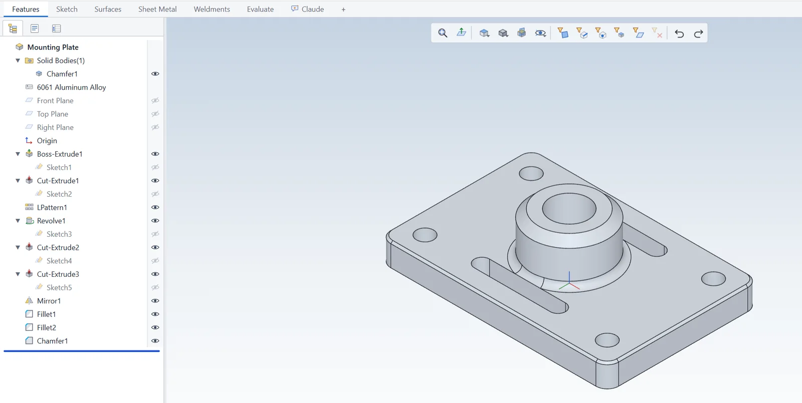 The sample mounting plate in an isometric view: a rectangular plate with four holes, two slots and a round boss, with its feature tree.